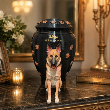 Personalized dog memorial urn with bronze paw details