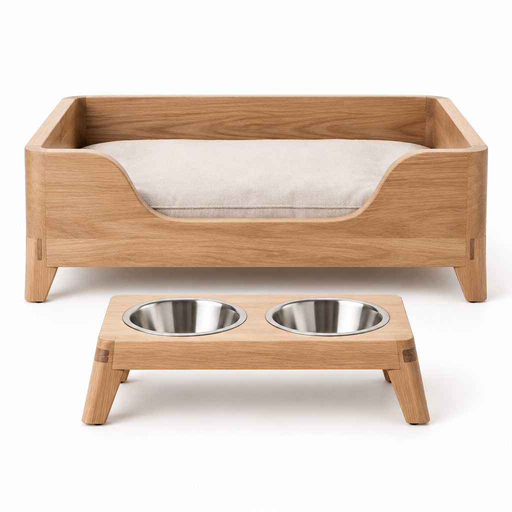 Wooden pet bed with a matching elevated feeder