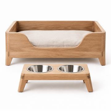 Wooden pet bed with a matching elevated feeder