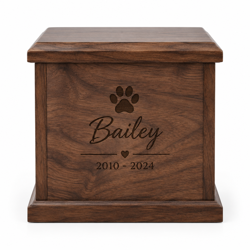 Walnut pet memorial urn with laser engraved name and dates — view 1