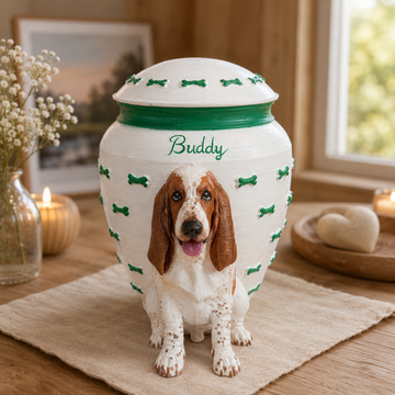 Personalized dog memorial urn with green bone design — view 1