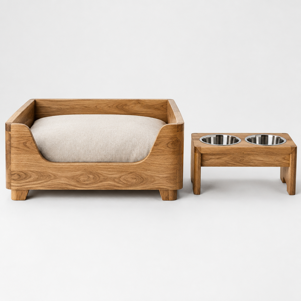 Pet bed and feeder station in a home setting