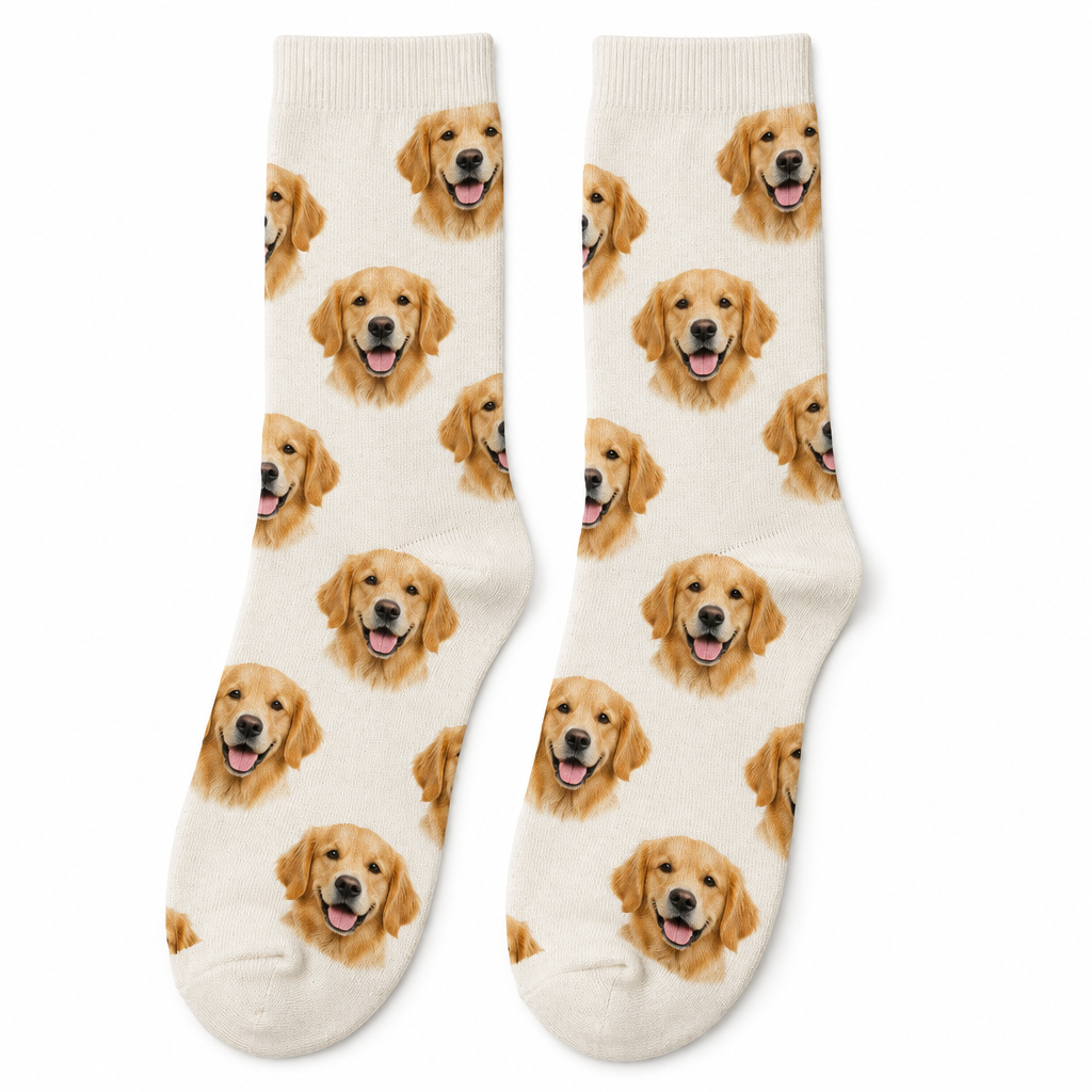 Pet photo socks shown worn