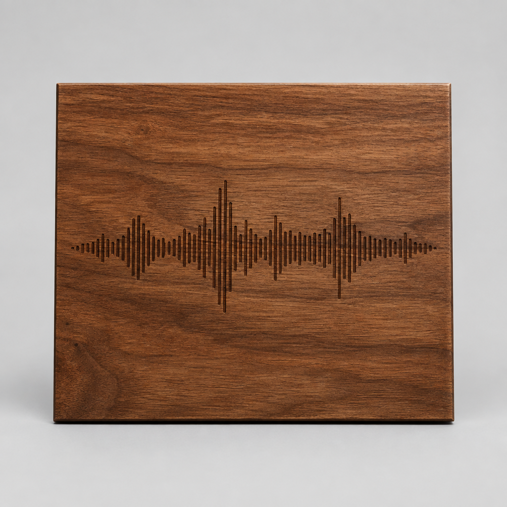 Walnut soundwave pet memorial engraved from a recording — view 1