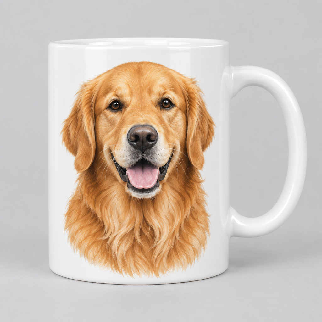 Pet portrait mug shown on a table