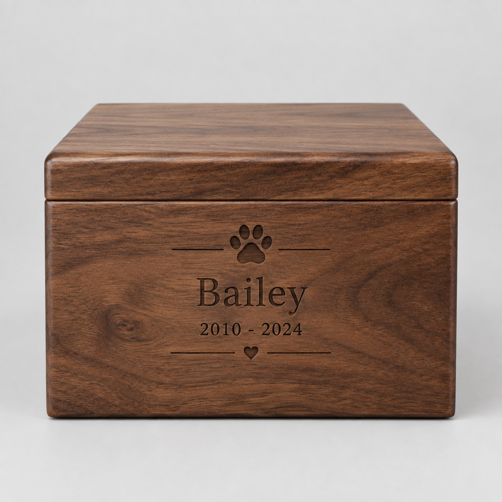 Walnut pet memorial urn with laser engraved name and dates — view 1