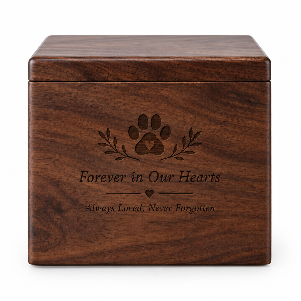 Walnut pet memorial urn with laser engraved name and dates — view 3