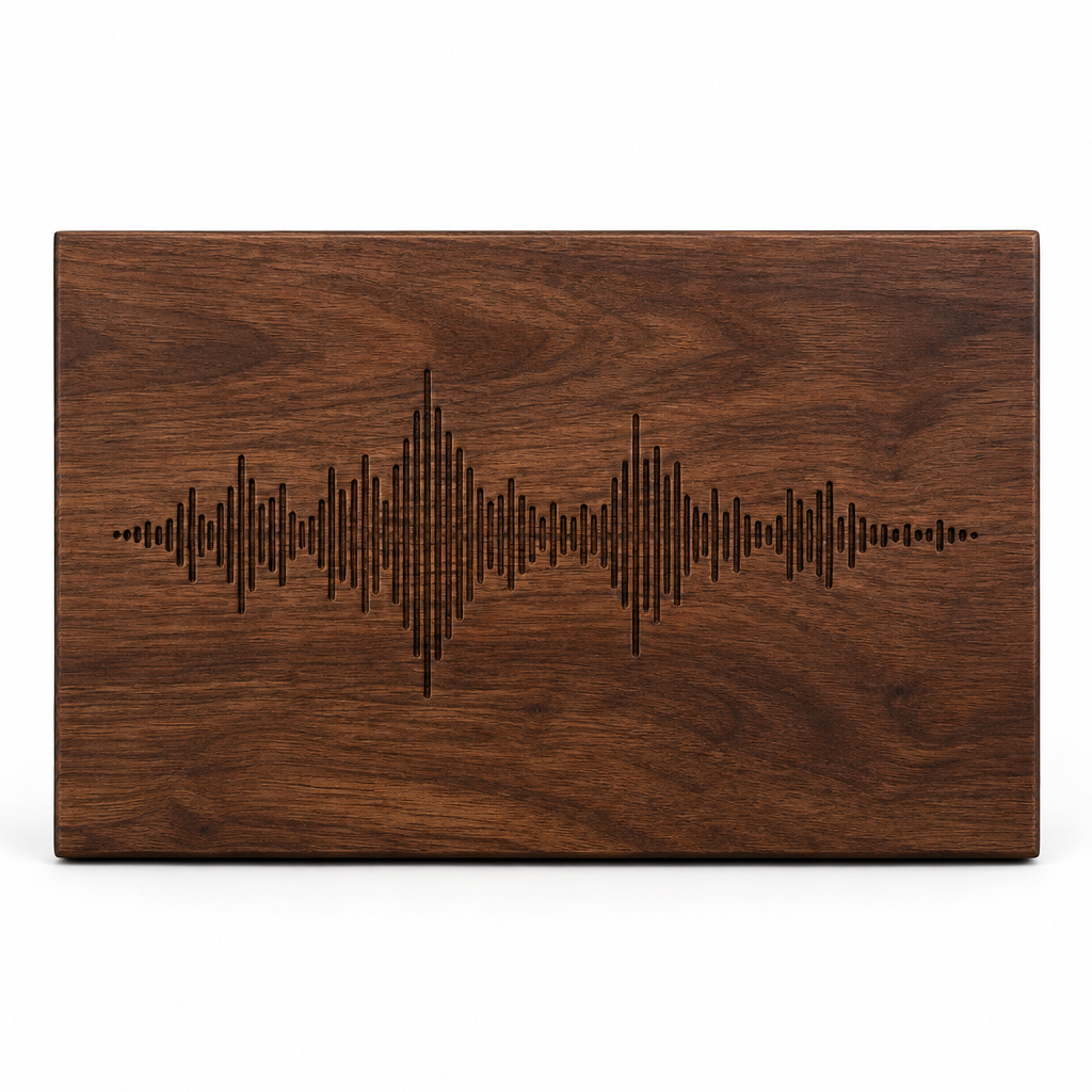 Walnut soundwave pet memorial engraved from a recording — view 2