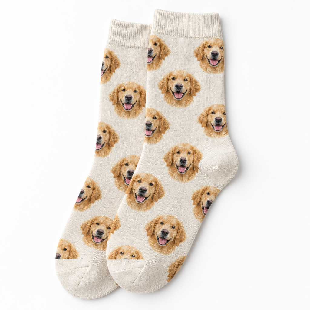 Close-up of the printed pet face on the socks