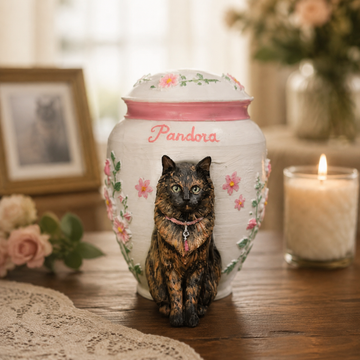 Personalized cat memorial urn with floral detailing — view 1