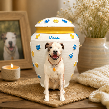 Personalized dog memorial urn with colorful paw prints — view 1