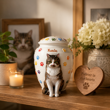 Personalized cat memorial urn with colorful paw prints — view 1