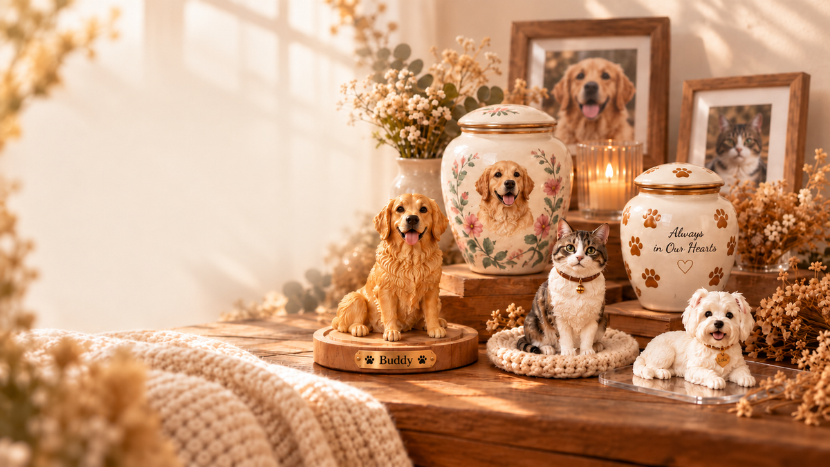 Warm pet keepsake display with ceramic memorial urns and pet figurines — desktopcoazen_editable_hero