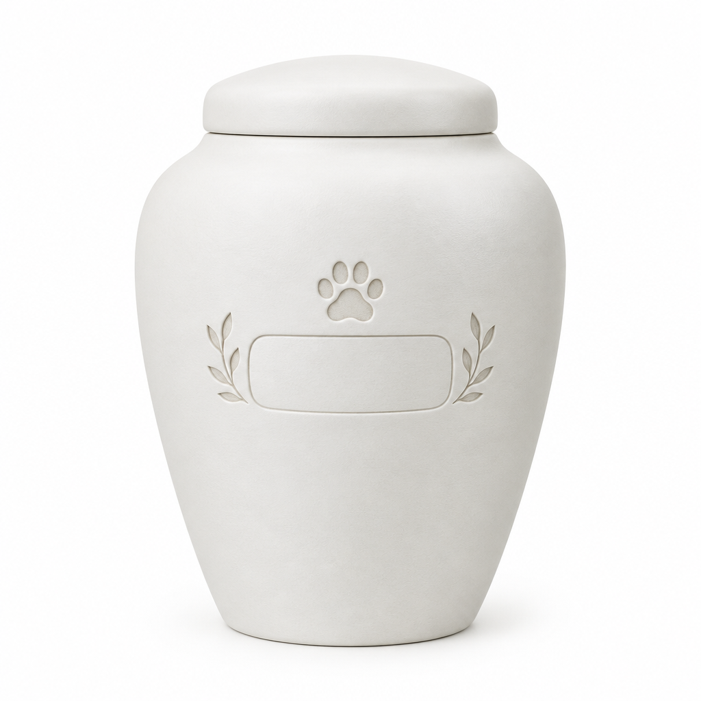 Handmade ceramic pet urn with an engraved name