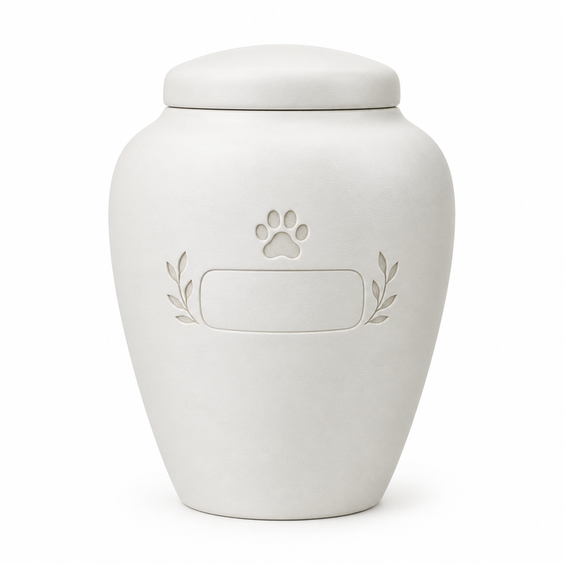 Handmade ceramic pet urn with an engraved name