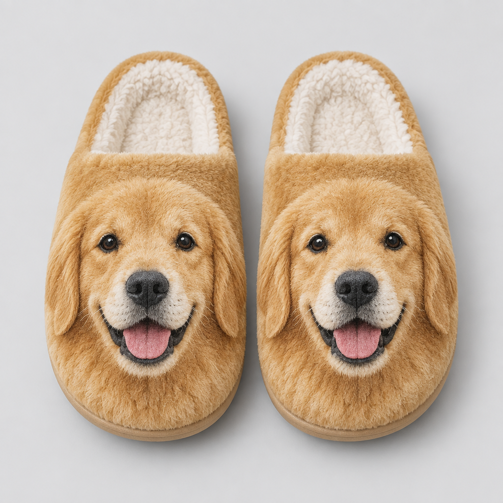 Golden Retriever Plush Slippers - Gray Background