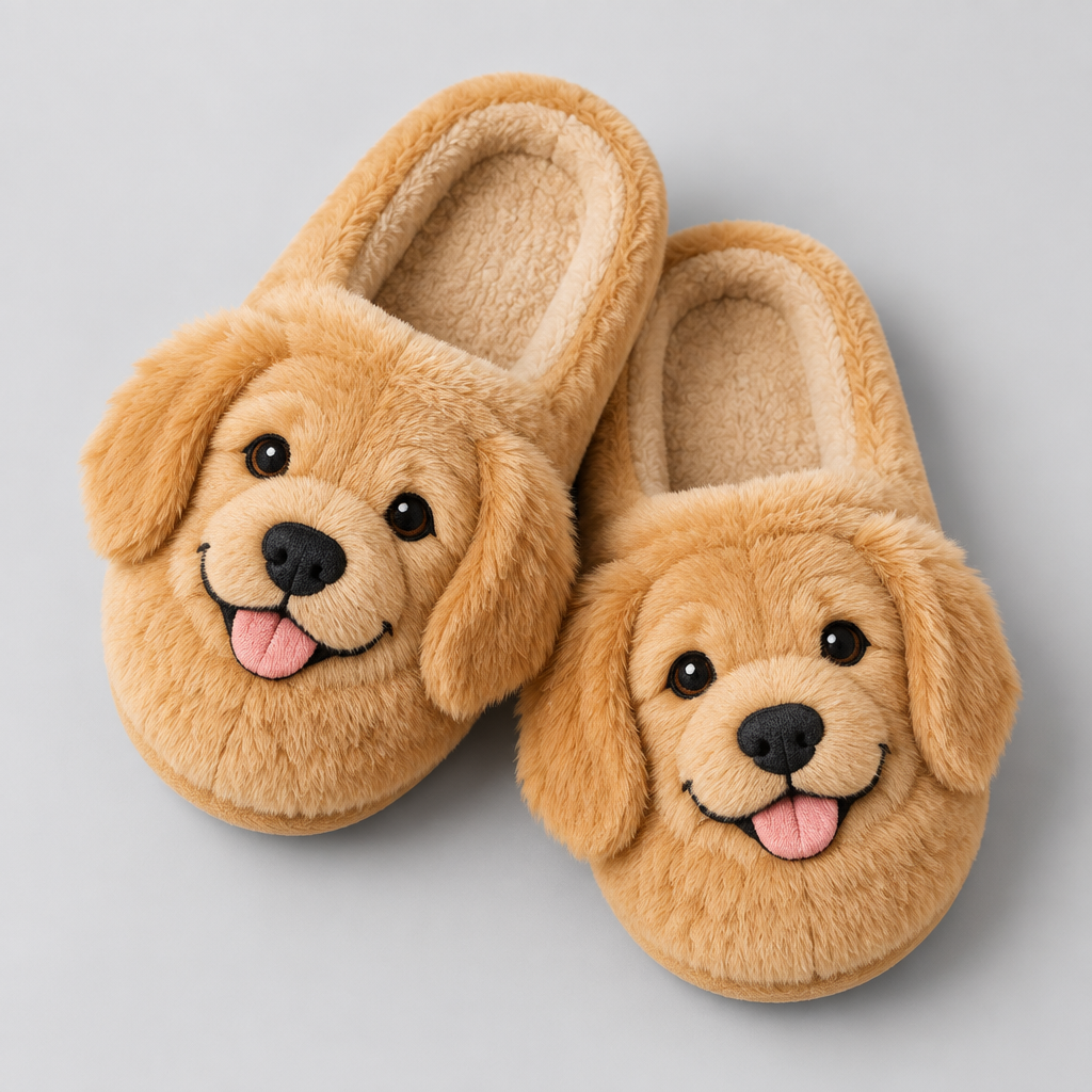 Golden Retriever Plush Slippers - Overlapping Composition