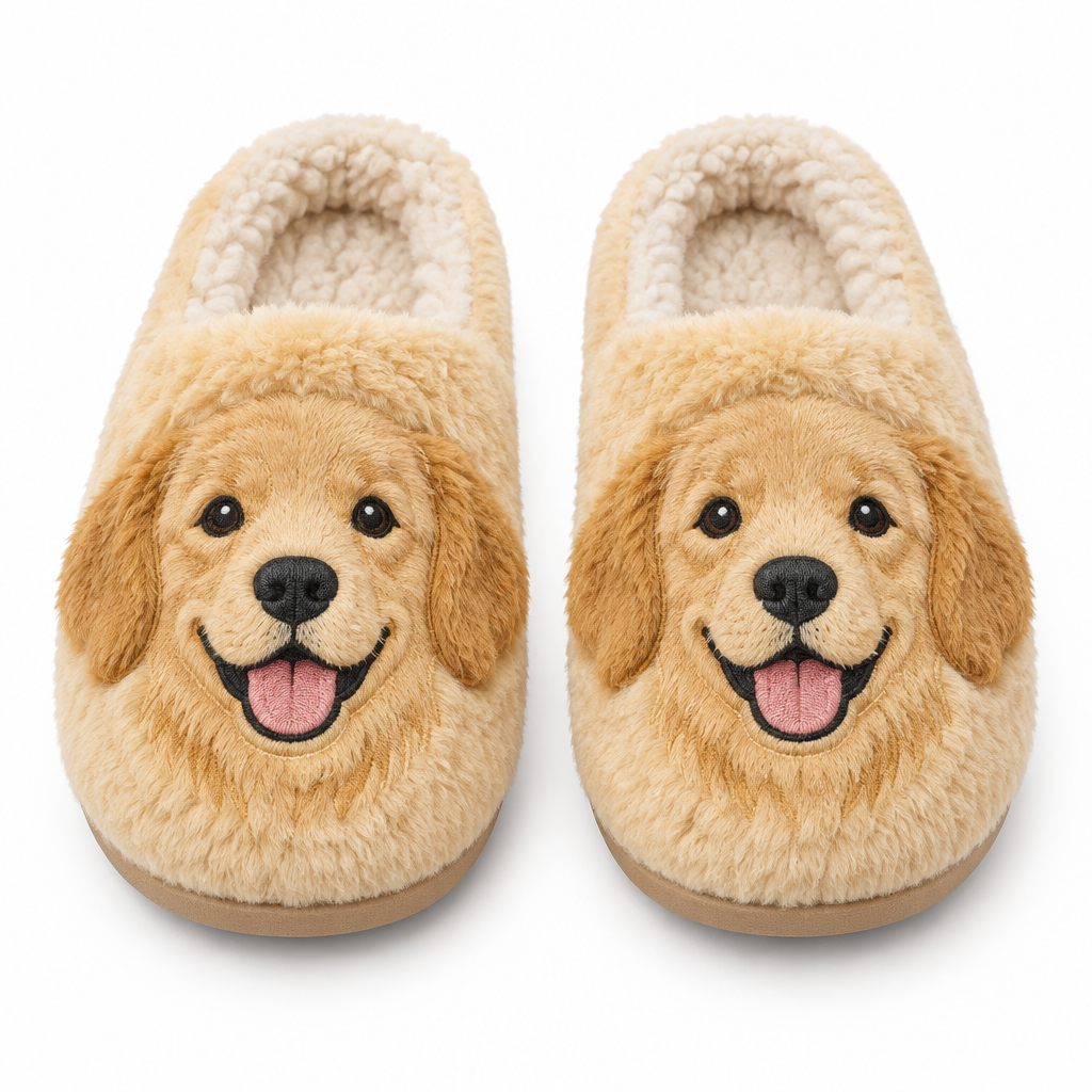 Golden Retriever Plush Slippers - White Background