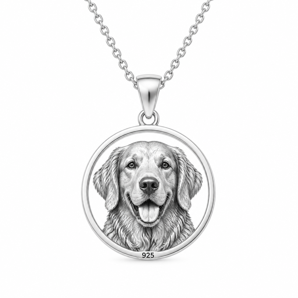 925 silver pet portrait pendant necklace, studio lighting