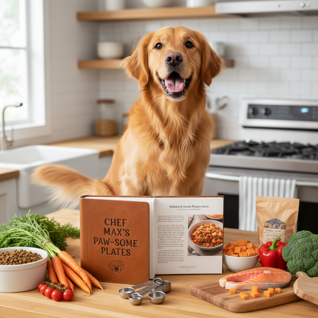 Dog with recipe book lifestyle shot