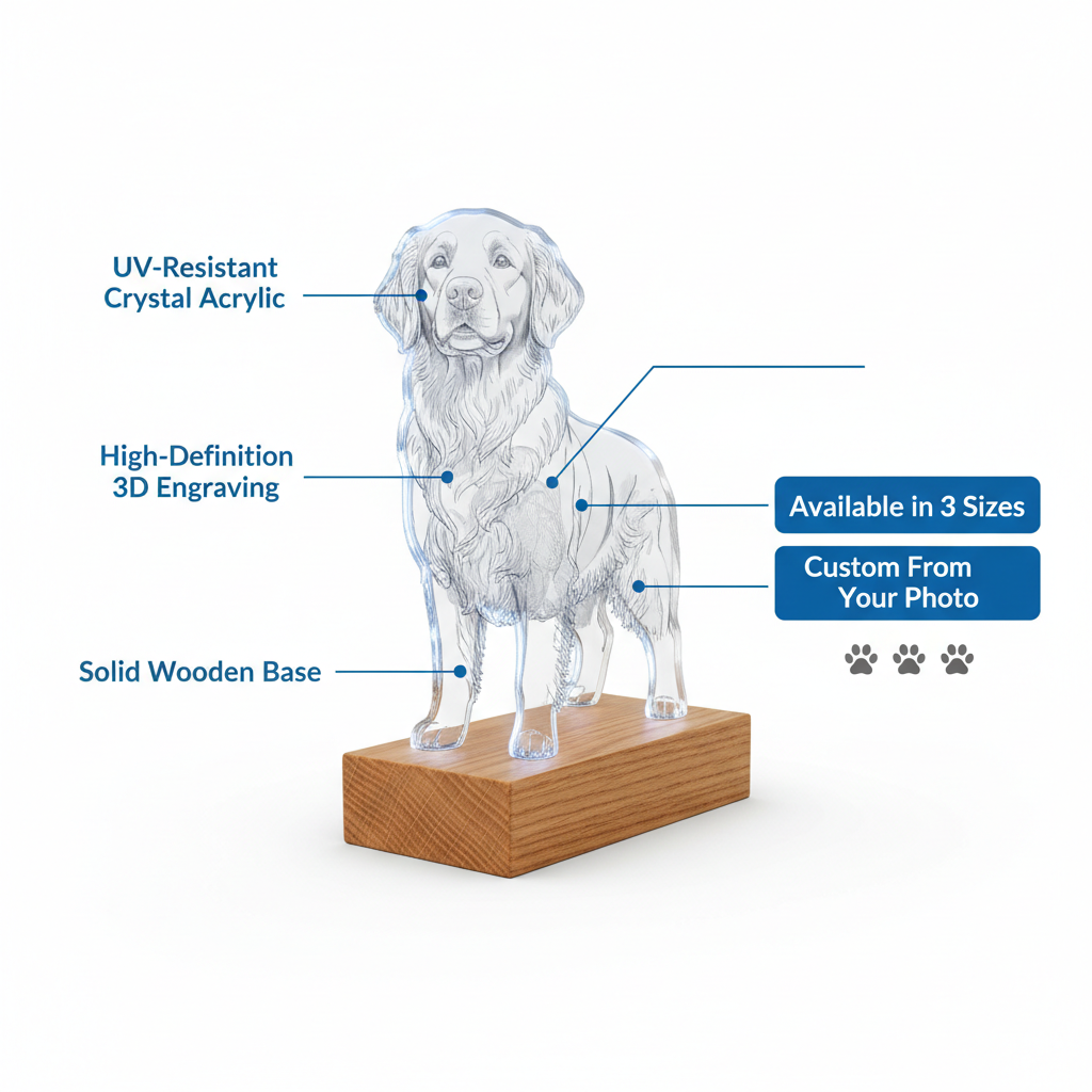 Acrylic figurine product infographic with features